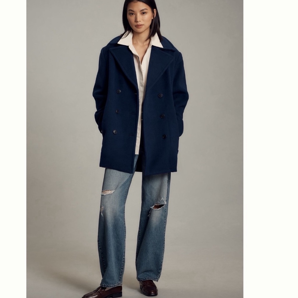 NWT Anthropologie Maeve Double-Breasted Oversized Wool-Blend Coat in Navy Blue - Picture 4 of 13